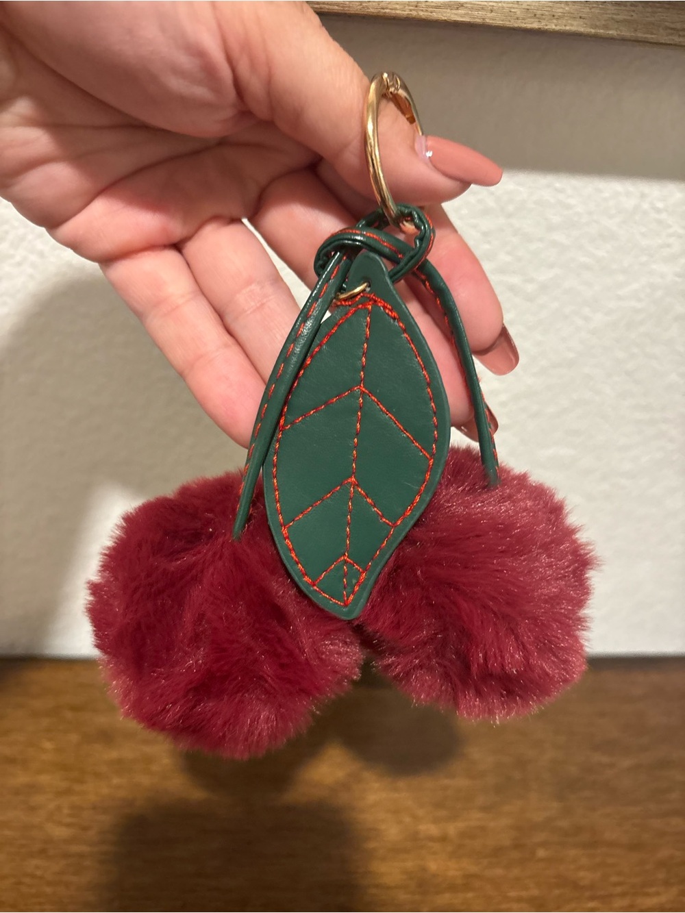 Green Leaf and Burgundy Fur Cherries Bag Charm NWOT